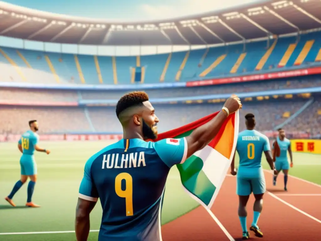 Ilustración detallada en acuarela de atletas de diversas culturas practicando deportes tradicionales, rodeados de un estadio vibrante y multitudinario