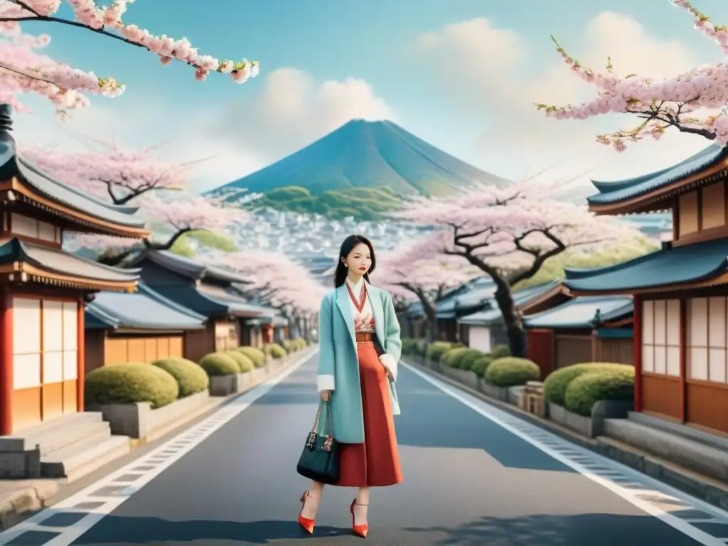 Ilustración acuarela: Calle japonesa con moda tradicional y contemporánea Ilustración detallada en acuarela de una bulliciosa calle de Japón con moda influencias cruzadas Japón Corea