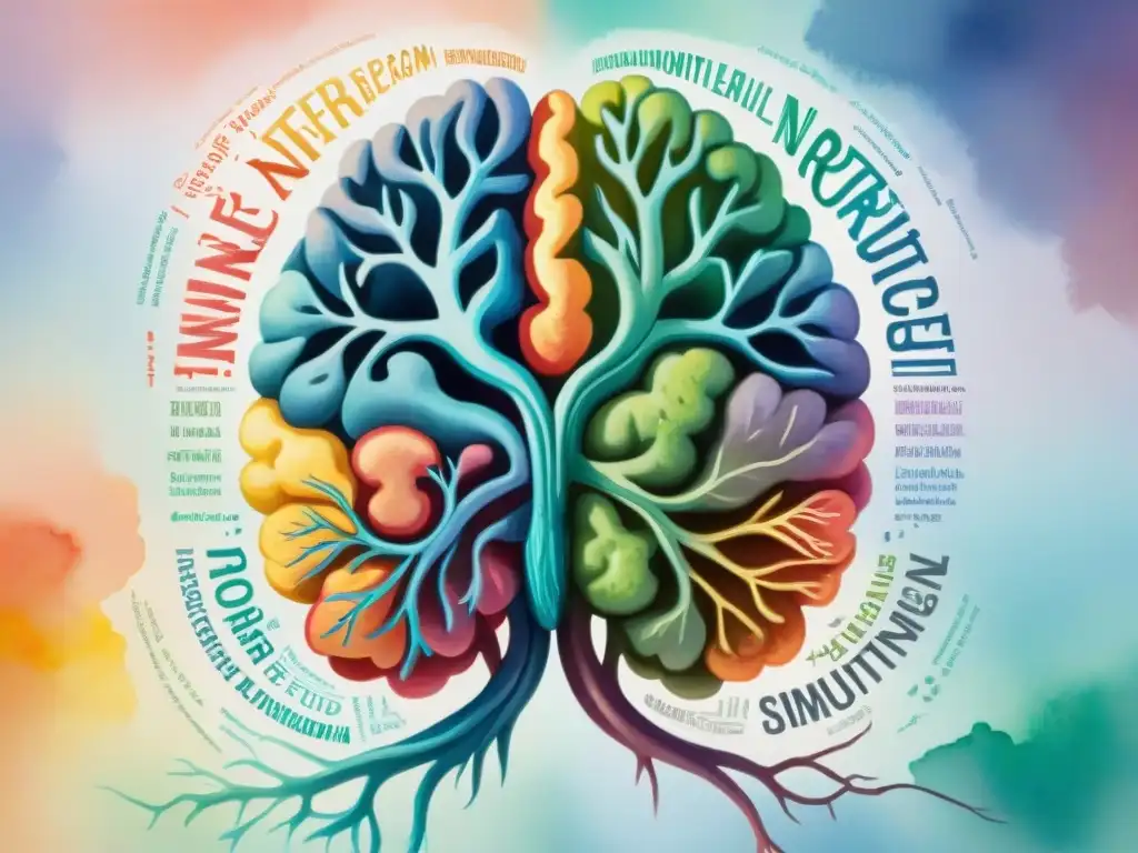 Ilustración detallada en acuarela de un cerebro dividido, representando la interferencia lingüística en bilingües