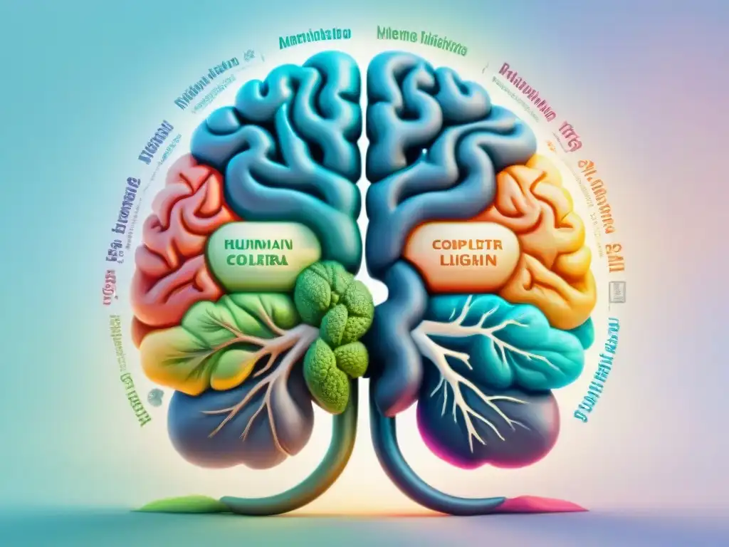 Ilustración detallada en acuarela de un cerebro humano dividido en dos, mostrando conexiones neurales etiquetadas en español e inglés