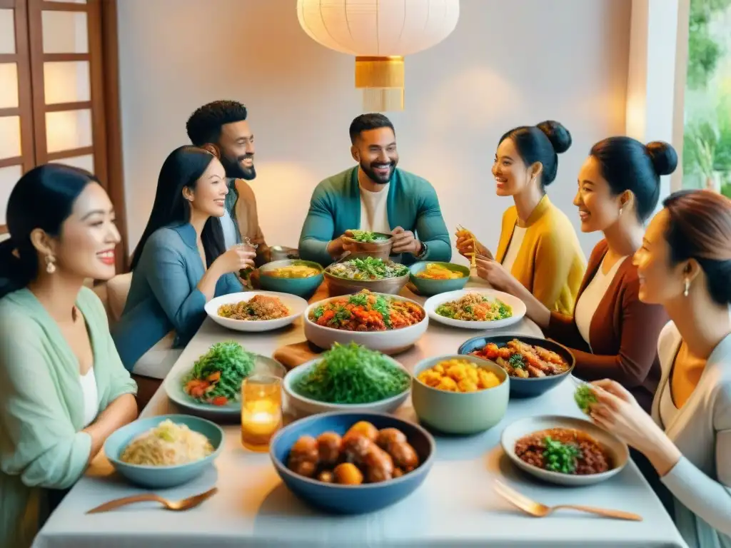 Ilustración detallada en acuarela de diversidad cultural y conexión en cena alrededor de mesa