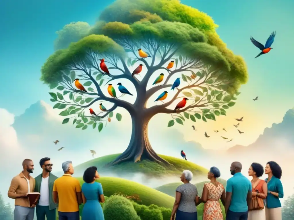 Ilustración detallada acuarela de diverso grupo alrededor de árbol vibrante, libros multilingües y aves coloridas