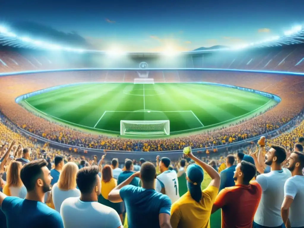 Ilustración detallada en acuarela de un estadio de fútbol vibrante repleto de aficionados animados, capturando la energía y emoción de un juego en progreso