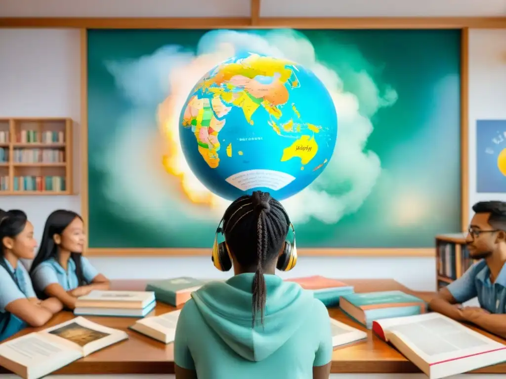 Estudiantes multiculturales inmersos en sus idiomas nativos Ilustración detallada en acuarela de estudiantes de todo el mundo, inmersos en sus idiomas nativos