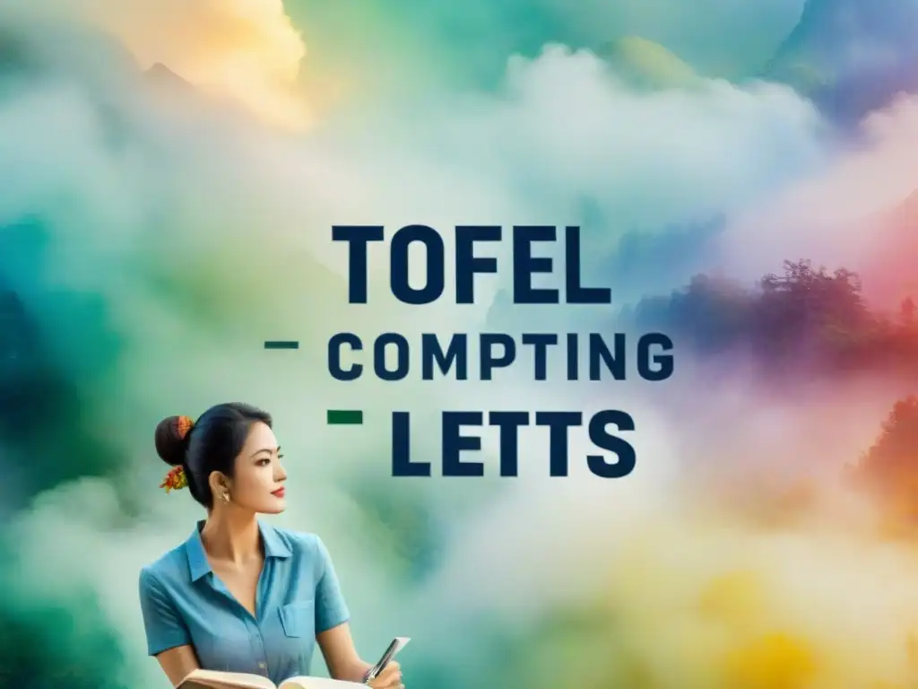 Ilustración detallada en acuarela comparando los exámenes TOEFL y IELTS lado a lado, resaltando diferencias