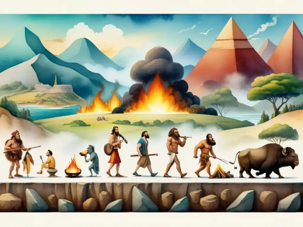 Evolución del humor: una ilustración acuarela detallada Ilustración detallada en acuarela de la evolución del humor a través de distintas épocas, mostrando formas de comedia como stand-up y sátira