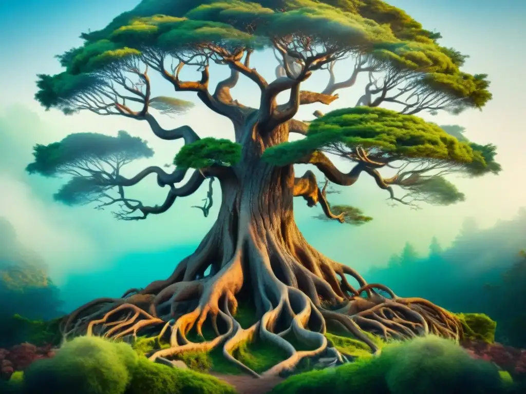 Ilustración detallada en acuarela de un majestuoso árbol con raíces entrelazadas, simbolizando el estudio del cambio semántico y la riqueza cultural