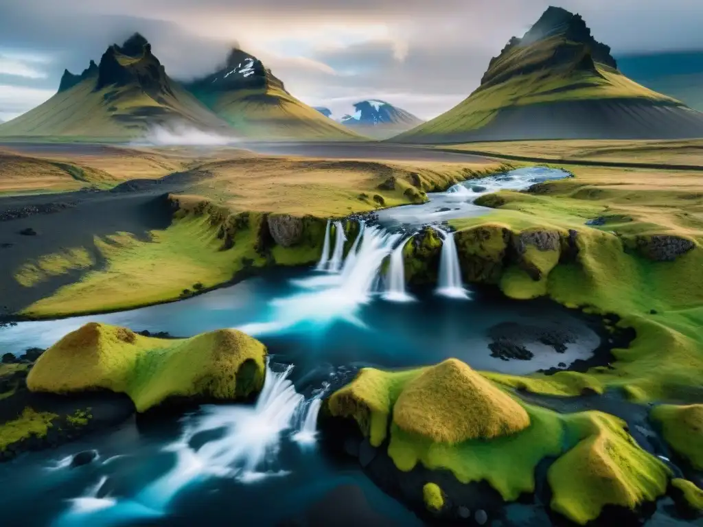 Ilustración detallada en acuarela 8k de un majestuoso paisaje islandés con riqueza lingüística y tradición, destacando la belleza natural de Islandia