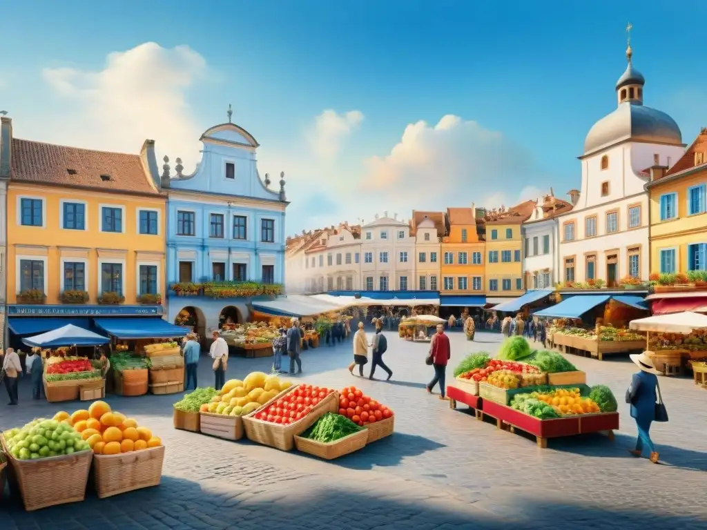 Detallada acuarela de mercado en plaza europea con frutas, turistas y edificios históricos