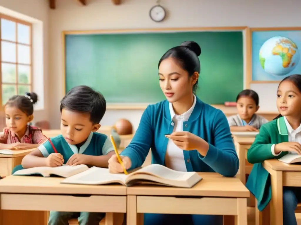 Niños del mundo aprendiendo juntos en aula multilingüe Ilustración detallada en acuarela de niños de todo el mundo aprendiendo en su idioma nativo