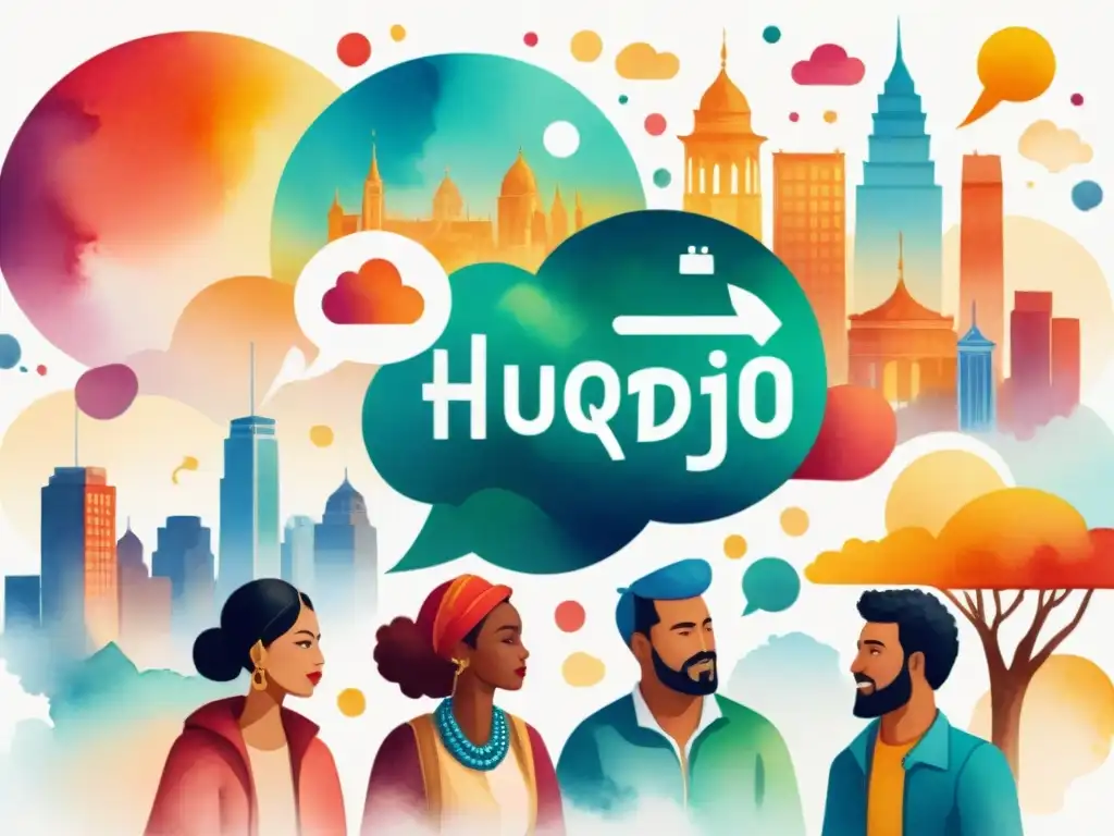 Ilustración detallada en acuarela de personas de diversas culturas conversando, resaltando la importancia del lenguaje en identidades