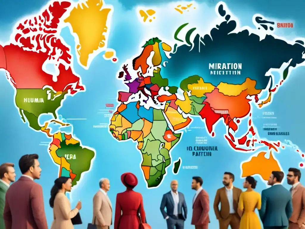 Ilustración detallada en acuarela de personas hablando diferentes dialectos alrededor de un mapa mundial con variaciones de idiomas