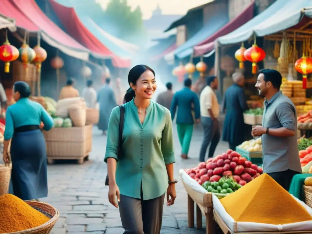 Ilustración detallada acuarela de personas diversas conversando animadamente en un bullicioso mercado, vistiendo trajes tradicionales de sus culturas