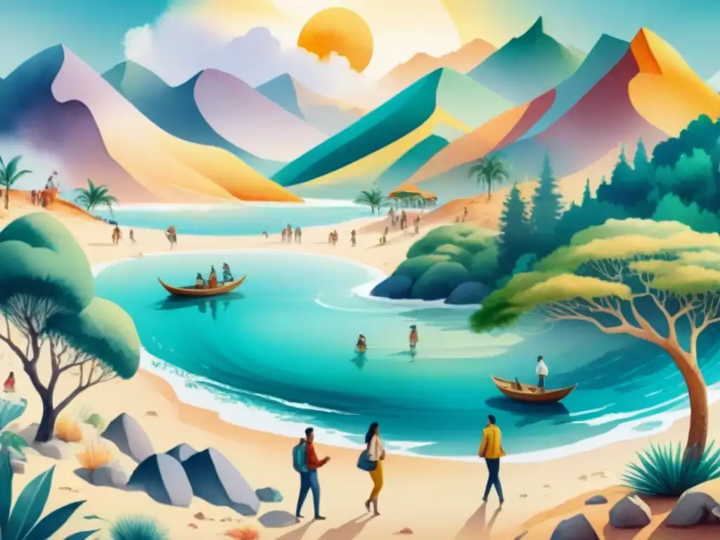 Ilustración detallada en acuarela de personas conversando en entornos climáticos diversos, mostrando la influencia del clima en dialectos