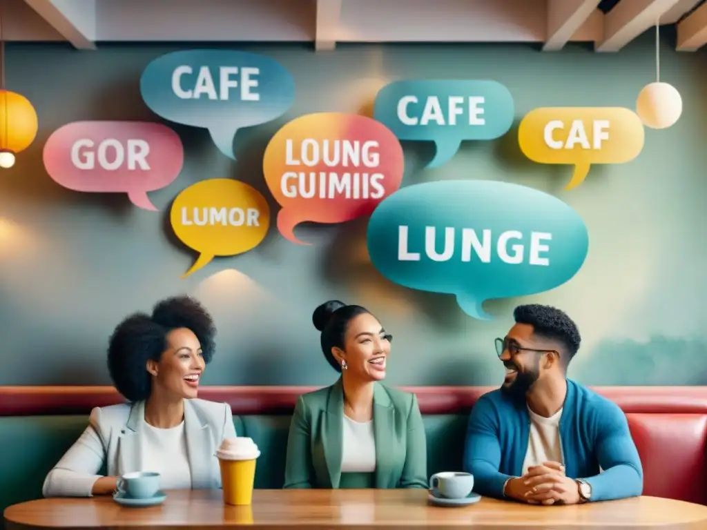 Ilustración detallada en acuarela de personas de distintos orígenes riendo juntas en un café acogedor, con burbujas de diálogo en varios idiomas