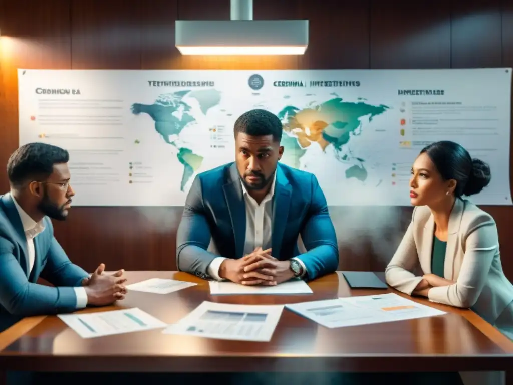 Intensa reunión de profesionales debatiendo en sala de investigaciones Ilustración detallada en acuarela de personas discutiendo intensamente en una sala con tablero de criminalística