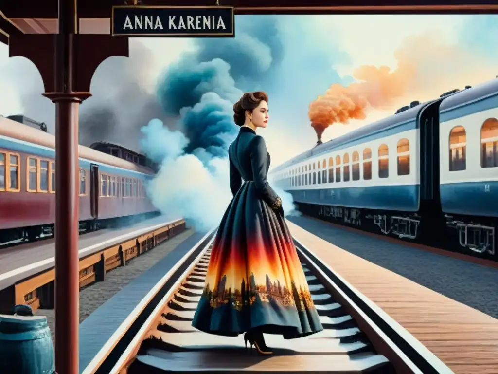 Ilustración detallada en acuarela de Anna Karenina en la plataforma del tren, reflejando su lucha interna y las expectativas sociales