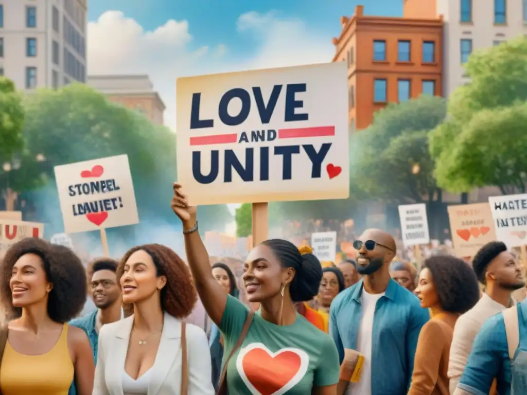 Manifestación pacífica: unidad y amor en la ciudad Ilustración detallada en acuarela de una protesta pacífica con diversidad de personas promoviendo amor y unidad en una ciudad vibrante