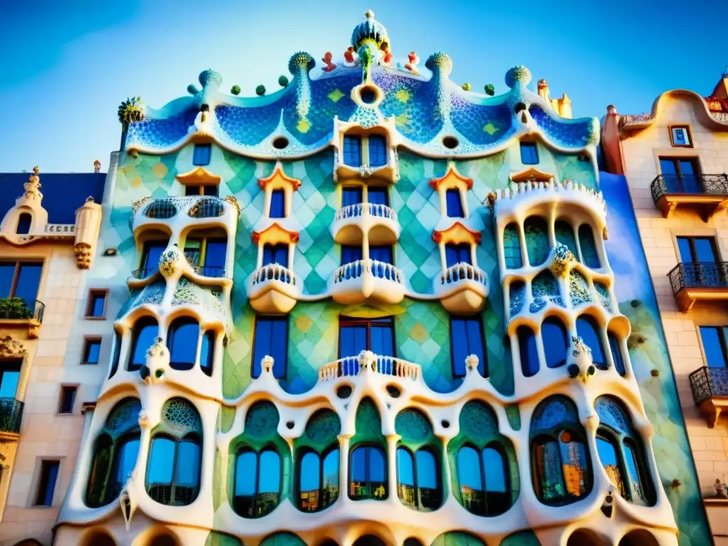 Detallada acuarela de Casa Batlló en Barcelona, reflejando la riqueza cultural y lenguas de la ciudad