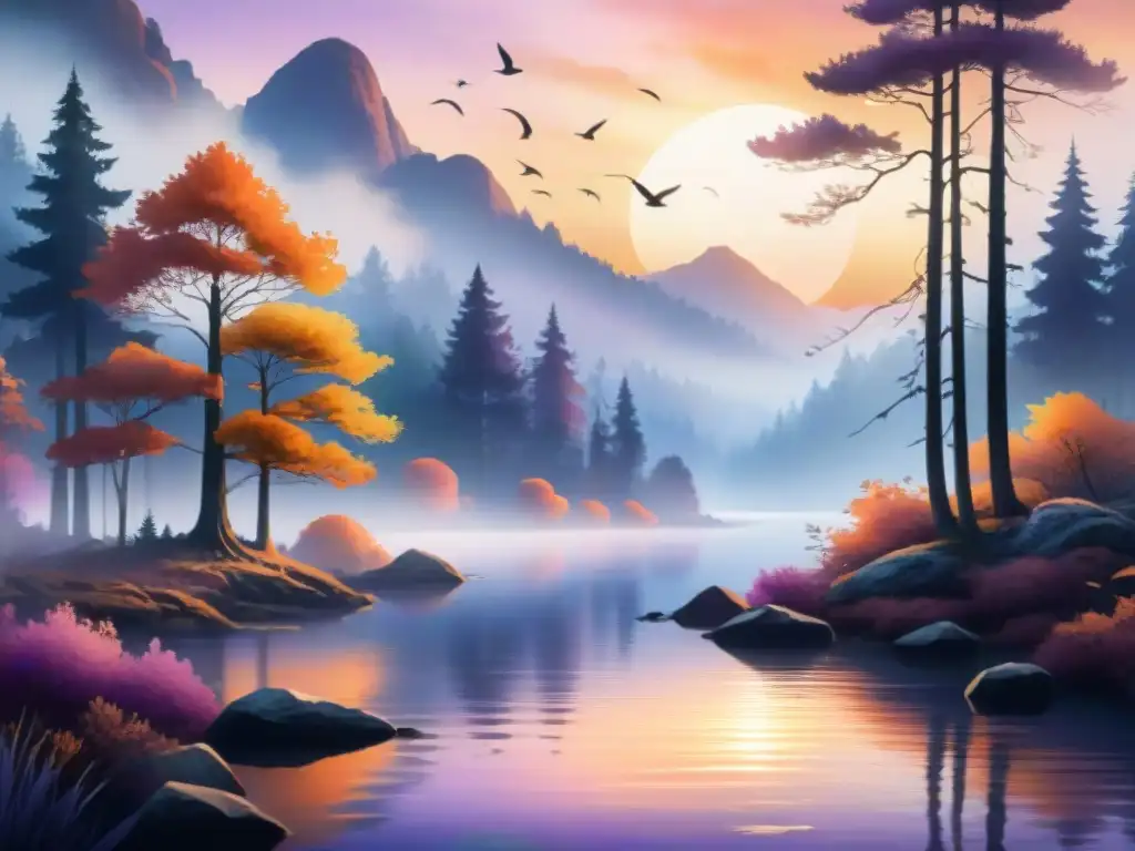 Ilustración detallada en acuarela de un sereno bosque al atardecer, con un río que refleja los colores del sol