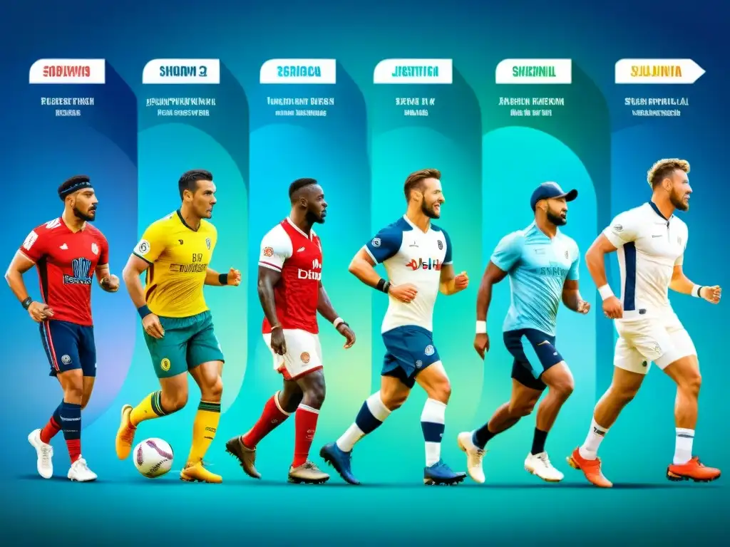 Ilustración detallada en acuarela de la evolución de la terminología deportiva, desde símbolos antiguos hasta iconos modernos, con colores vibrantes y detalles intrincados, capturando la esencia de la evolución lingüística en el mundo del deporte