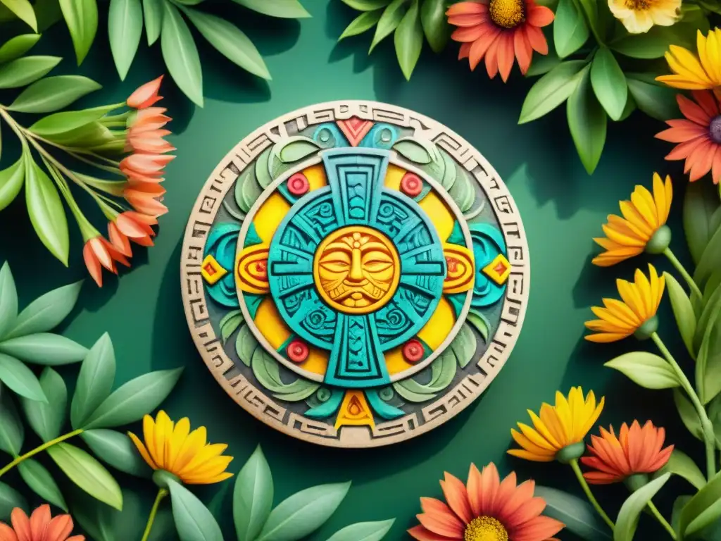 Detallada ilustración en acuarela de la vibrante Piedra del Sol Azteca, rodeada de exuberante vegetación y flores, con el sol brillando sobre ella