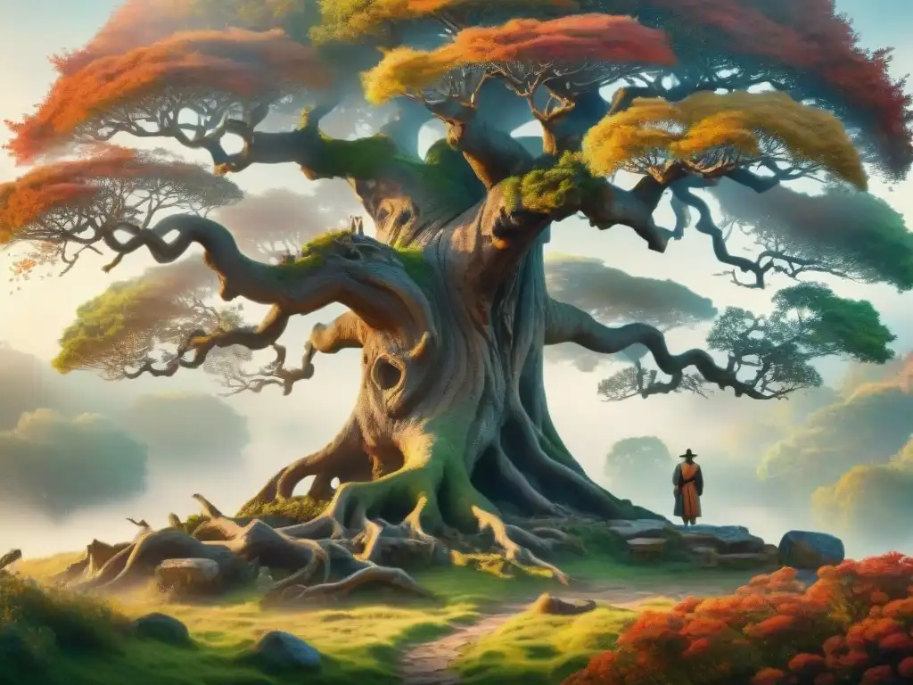 Detallada ilustración acuarela de árbol antiguo con raíces entrelazadas en paisaje exuberante