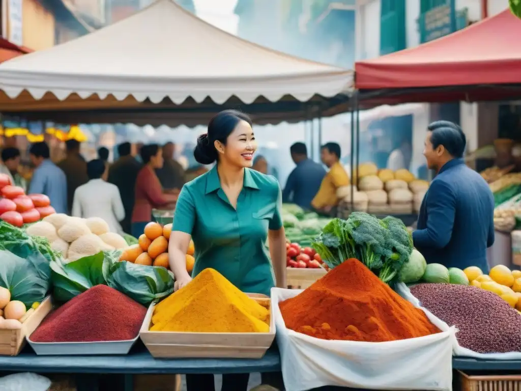 Ilustración detallada de un bullicioso mercado multicultural, reflejando la evolución semántica en gastronomía multicultural