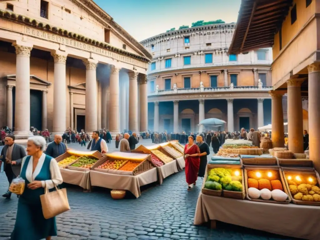 Ilustración detallada de un bullicioso mercado romano, con comerciantes, ciudadanos y letreros en latín