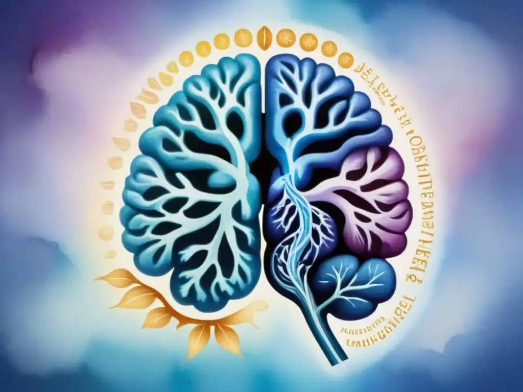 Detallada ilustración acuarela de un cerebro bilingüe, entrelazando áreas de neurolingüística y psicolingüística en estudio del bilingüismo