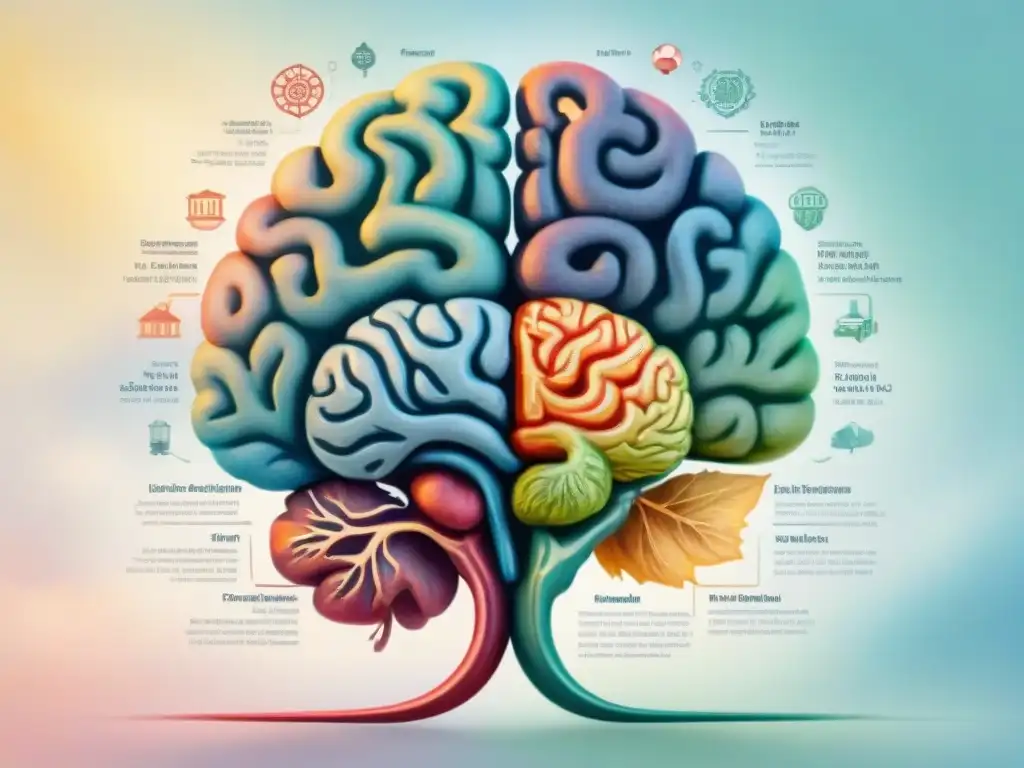 Detallada ilustración acuarela: cerebro bilingüe con lenguas entrelazadas, elementos de español e inglés