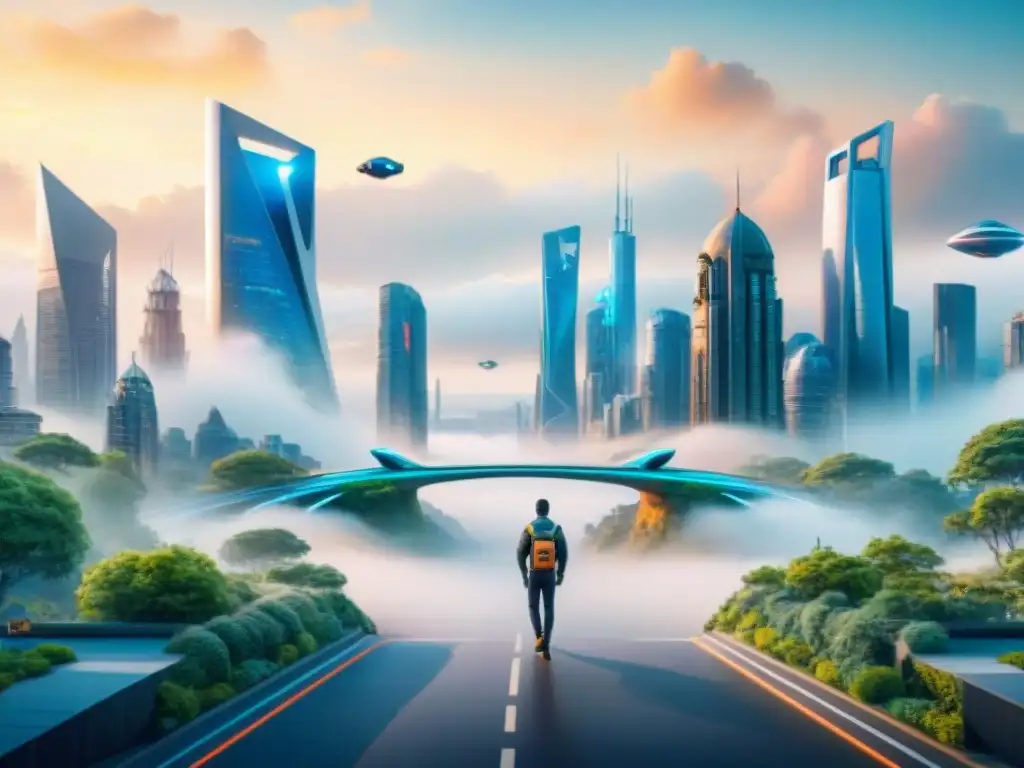 Ilustración detallada de una ciudad futurista al atardecer en acuarela, con edificios brillantes y coches voladores