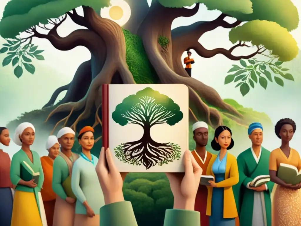 Una ilustración acuarela detallada con diversidad cultural alrededor de un árbol antiguo, reflejando la unión y la riqueza cultural