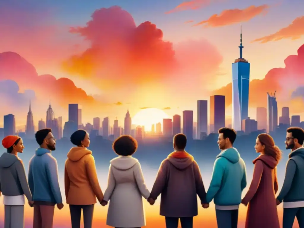 Ilustración acuarela: Unidad y diversidad ante el odio Ilustración detallada acuarela de diversidad y unidad ante la retórica en crímenes de odio, con un atardecer vibrante y ciudad al fondo