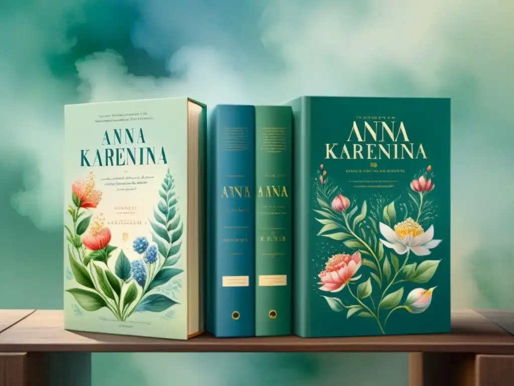 Una ilustración acuarela detallada con cinco ediciones de 'Anna Karenina' y sus portadas únicas representando diferentes idiomas