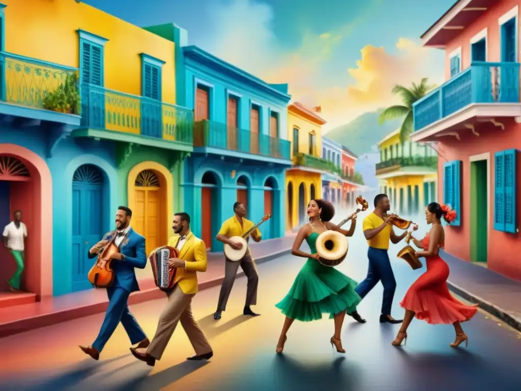 Ilustración detallada de escena callejera caribeña con música y baile, reflejando el origen de la salsa caribeña