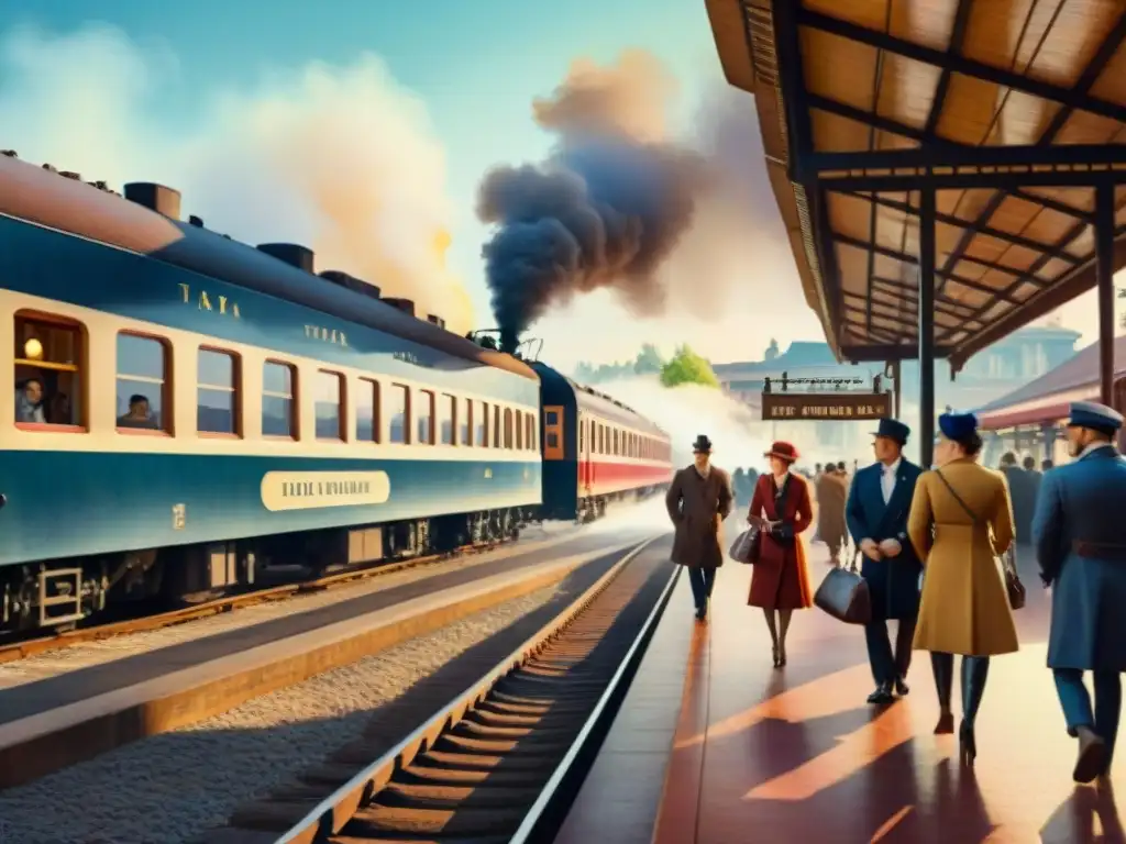 Ilustración detallada de una estación de tren vintage bulliciosa, con diversidad cultural y el ambiente romántico de 'Anna Karenina'