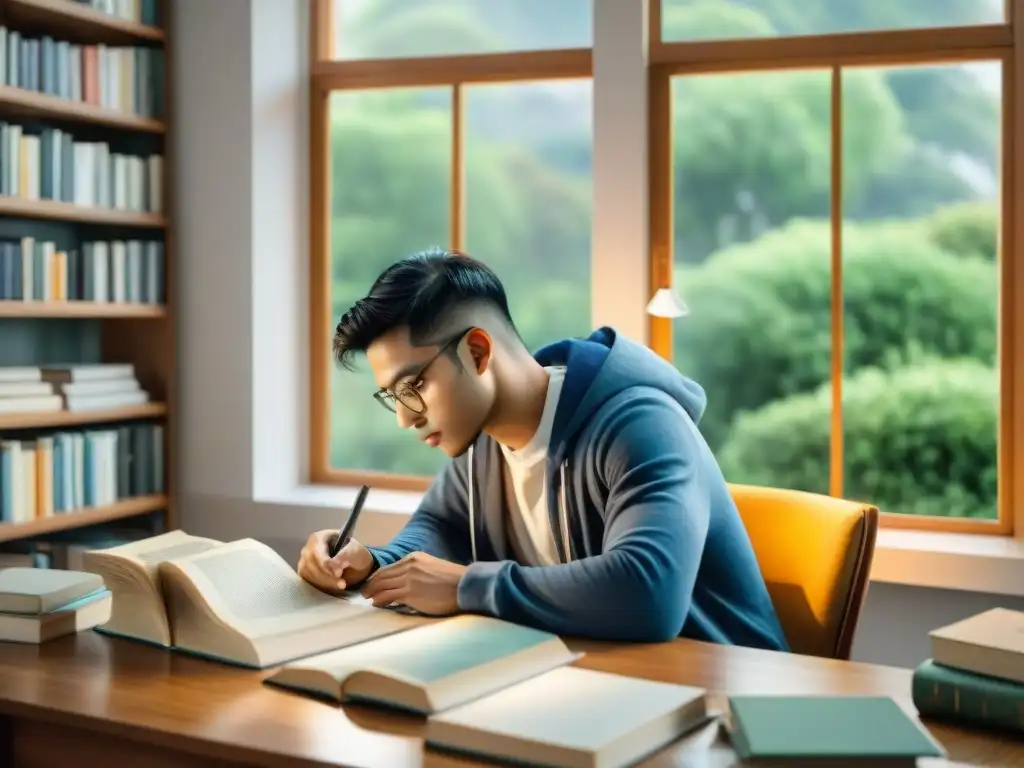 Ilustración detallada de estudiante concentrado estudiando en un escritorio acogedor con libros de idiomas, té y lluvia en ventana