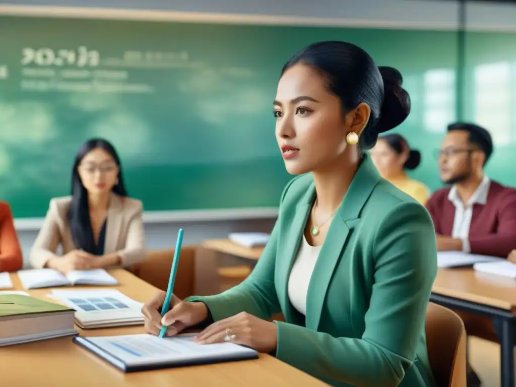 Una ilustración acuarela detallada en 8k muestra a estudiantes diversos usando Herramientas de traducción avanzada idiomas en clase de idiomas