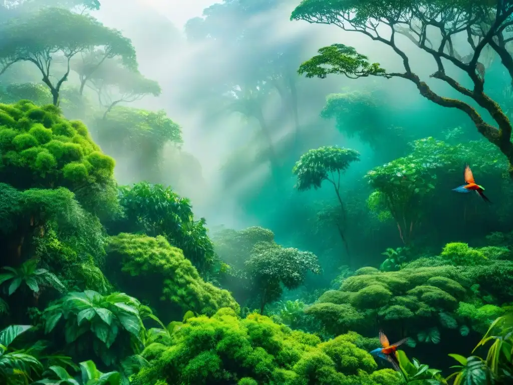 Ilustración detallada de una exuberante selva tropical con aves coloridas y niebla, influenciada por el clima en dialectos