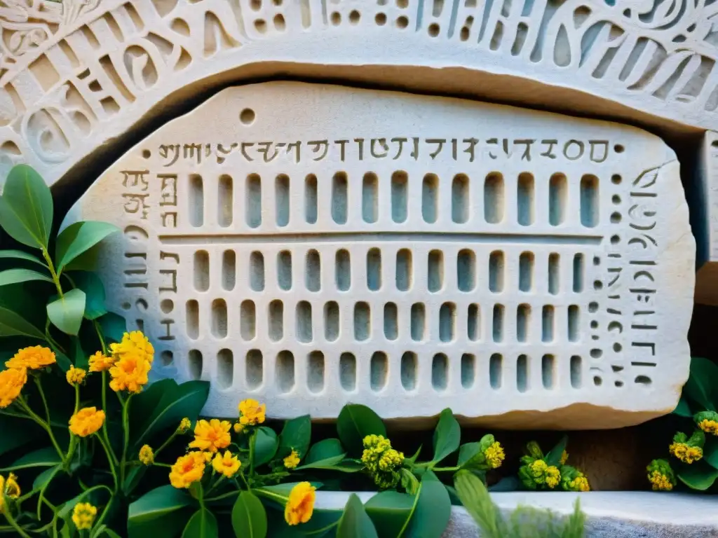 Detallada epigrafía griega antigua, inscripciones y motivos florales tallados en piedra con luz solar