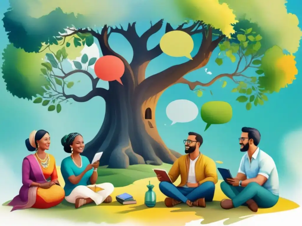 Una ilustración acuarela detallada con un grupo diverso conversando bajo un árbol