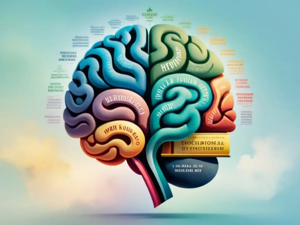 Detallada ilustración acuarela de dos hemisferios cerebrales entrelazados con elementos de idiomas, simbolizando la neurolingüística para ser bilingüe