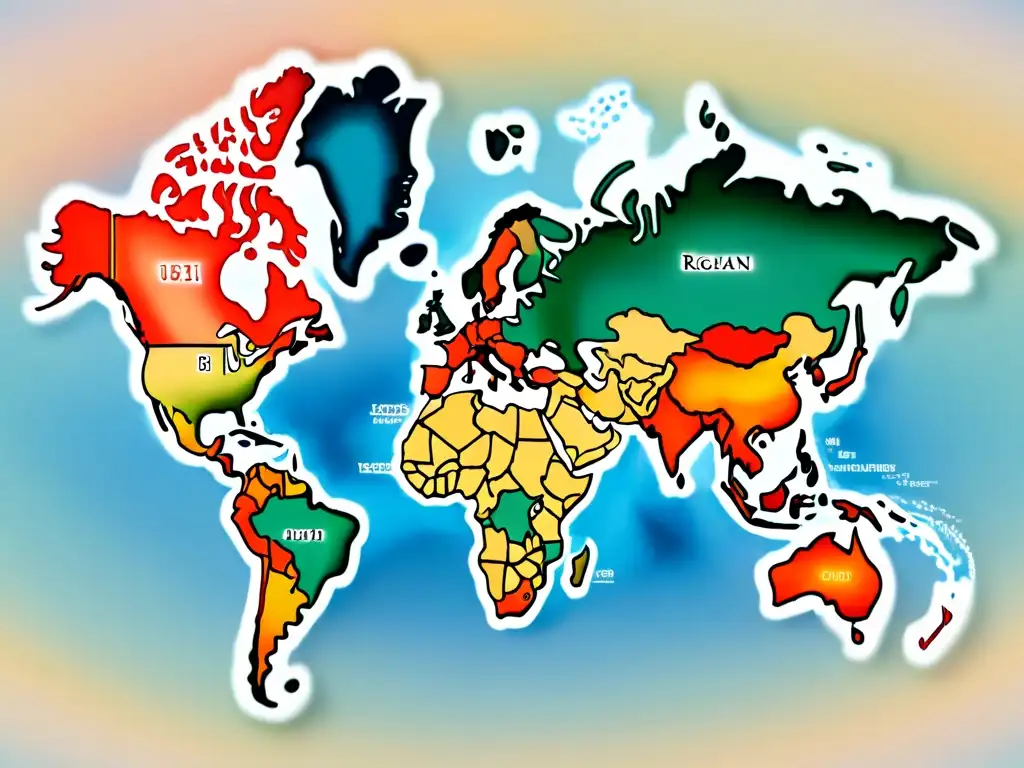 Ilustración detallada de un mapa lingüístico mostrando la evolución lingüística regional dialectología con patrones intrincados y fluidos