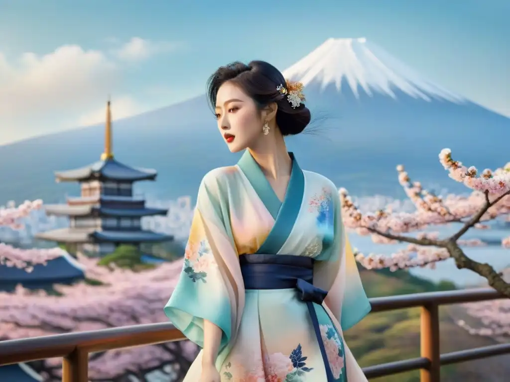 Fusión de moda japonesa y coreana: kimono y hanbok Ilustración detallada de moda japonesa y coreana con kimonos de seda y hanboks, influencias cruzadas Japón Corea