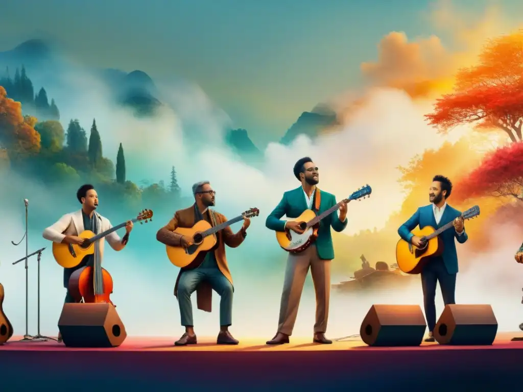 Ilustración detallada de músicos de diferentes culturas tocando juntos en un escenario vibrante y multicolor