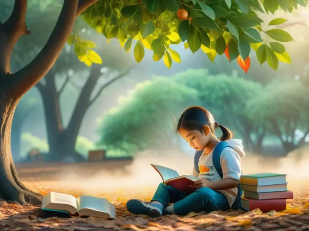 Ilustración detallada de niño bilingüe leyendo bajo un árbol, rodeado de libros diversos