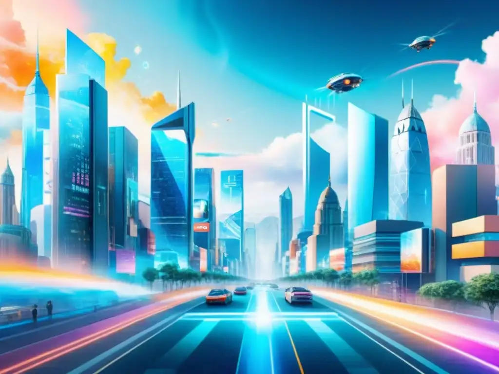 Una ilustración acuarela detallada muestra un paisaje urbano futurista con letreros holográficos de tecnología avanzada en inglés