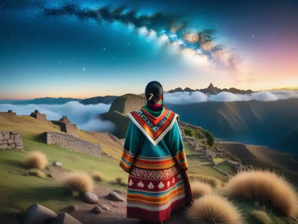 Una ilustración acuarela detallada en 8k muestra paralelismos dialectales entre culturas Quechua y Aymara bajo un mismo cielo estrellado