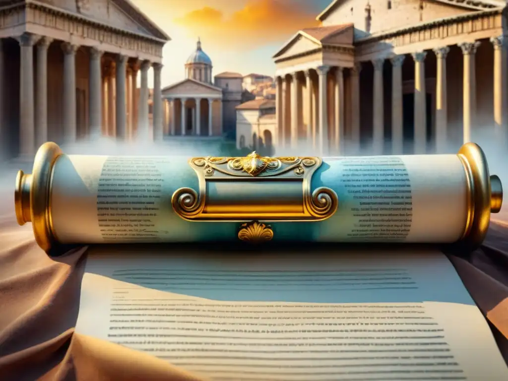 Detallada ilustración acuarela de un pergamino romano desplegándose en majestuoso entorno arquitectónico, con inscripciones latinas